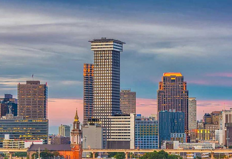 New Orleans skyline at dusk, about an hour from Lake LaCroix RV Resort