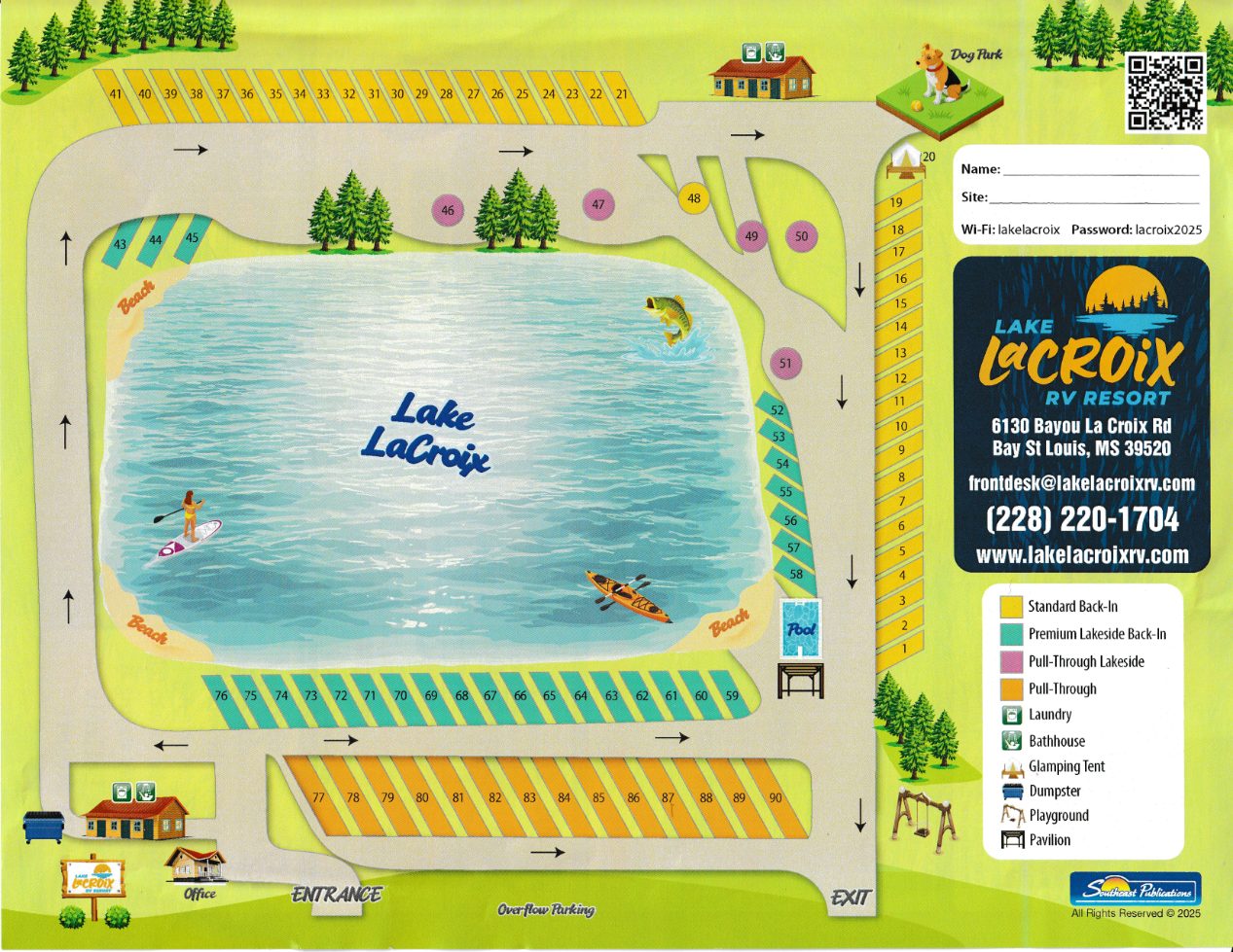 Lake LaCroix RV Resort park map — numbered RV sites, lakeside glamping, the lake and fishing piers, pool, sandy beach, dog park, pavilion and amenities in Bay St. Louis, MS