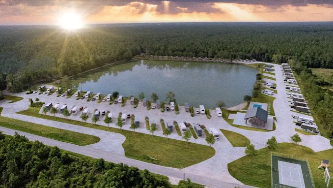 Aerial view of Lake LaCroix RV Resort wrapping the spring-fed lake
