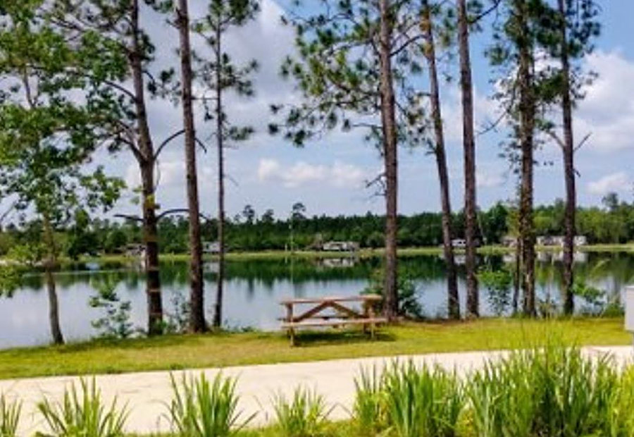 Lake-view RV site framed by tall pines with a picnic table at Lake LaCroix RV Resort