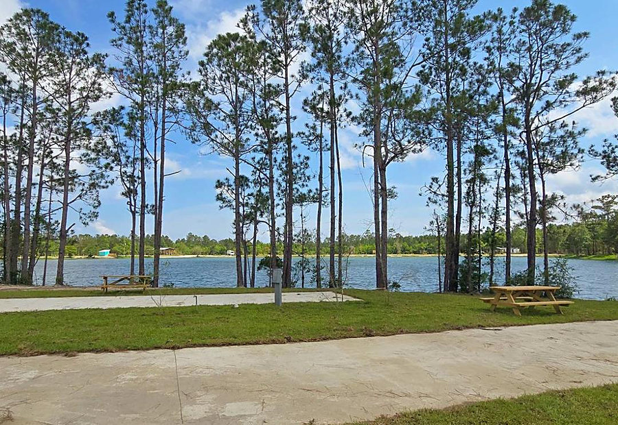 Wood-line back-in RV sites with concrete pads among the pines at Lake LaCroix RV Resort